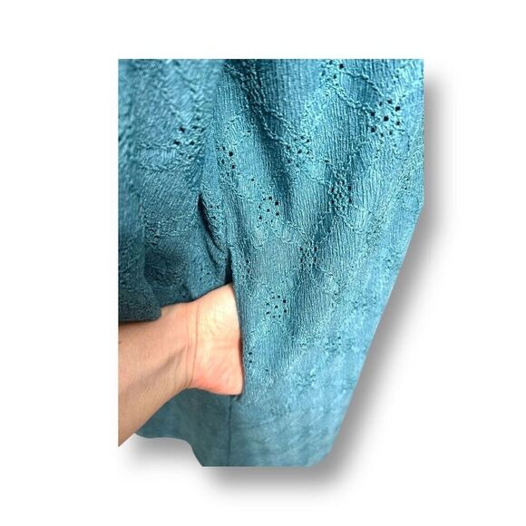 Chico’s Textured Knit Shift Midi Dress Teal V-Neck Boho Resort Beach Size XL 3 - Picture 4 of 9